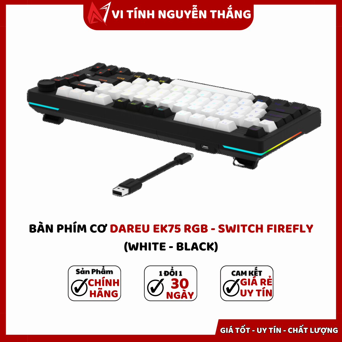 GEARVN - Bàn phím cơ DareU EK75 White Black Firefly switch