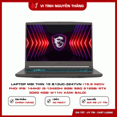 Laptop MSI Thin 15  B13UC-3247VN (15.6 inch/ FHD/ IPS/ 144Hz/ i5-13420H/ 8GB/ SSD 512GB/ RTX 3050 4GB/ W11H/ Xám/ Balo)