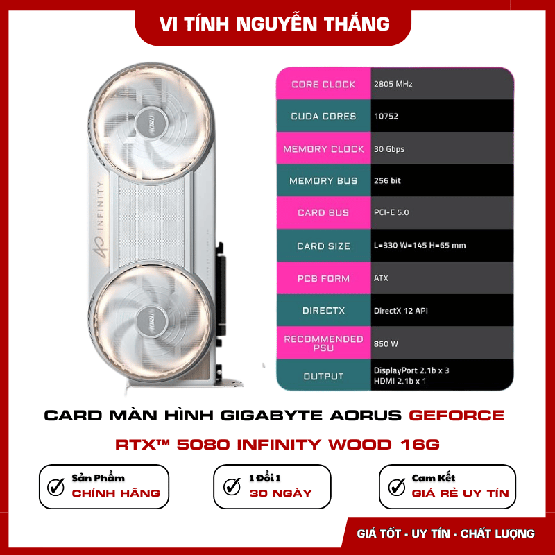 Thiết kế vân gỗ Gigabyte AORUS RTX 5080 INFINITY WOOD 16G