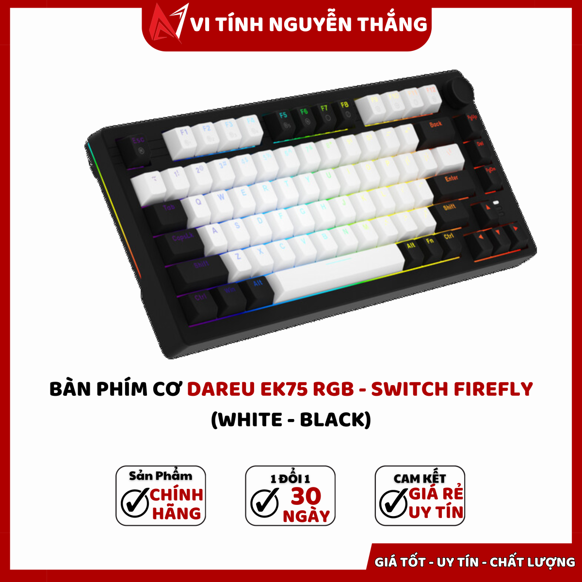 GEARVN - Bàn phím cơ DareU EK75 White Black Firefly switch