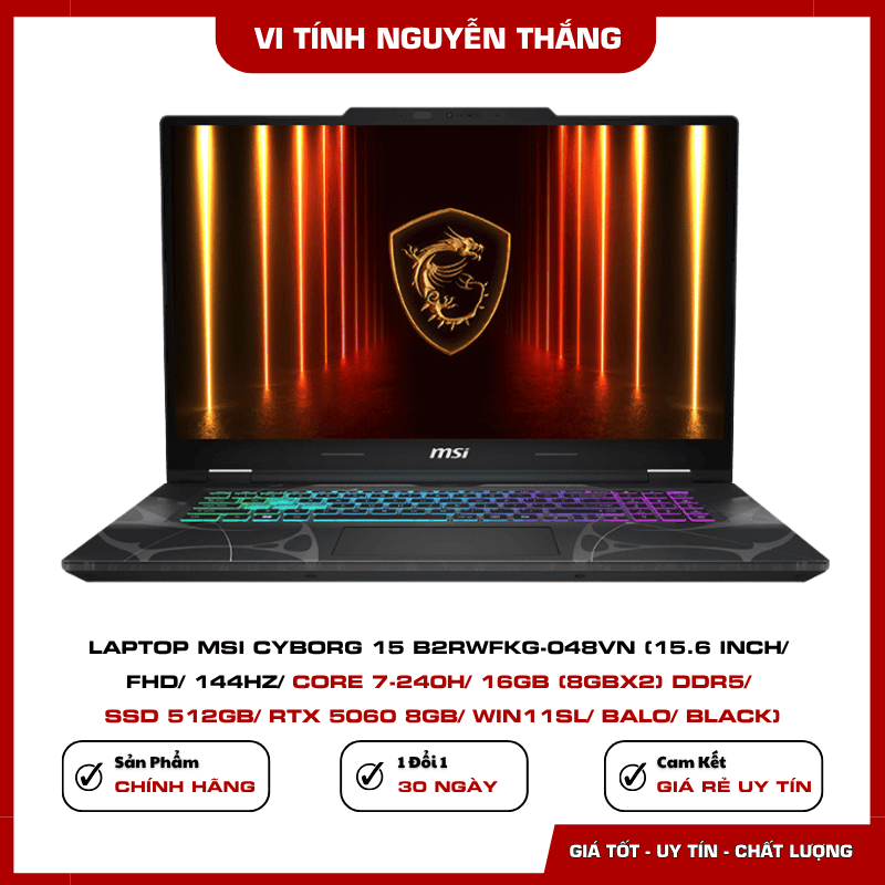 Thiết kế Black và bàn phím RGB MSI Cyborg 15 B2RWFKG-048VN