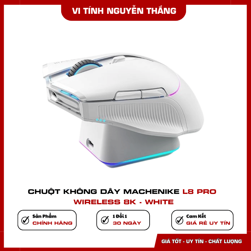 Thiết kế chuột gaming Machenike L8 Pro Wireless 8K White Chuột không dây Machenike L8 Pro Wireless 8K White thiết kế màu trắng