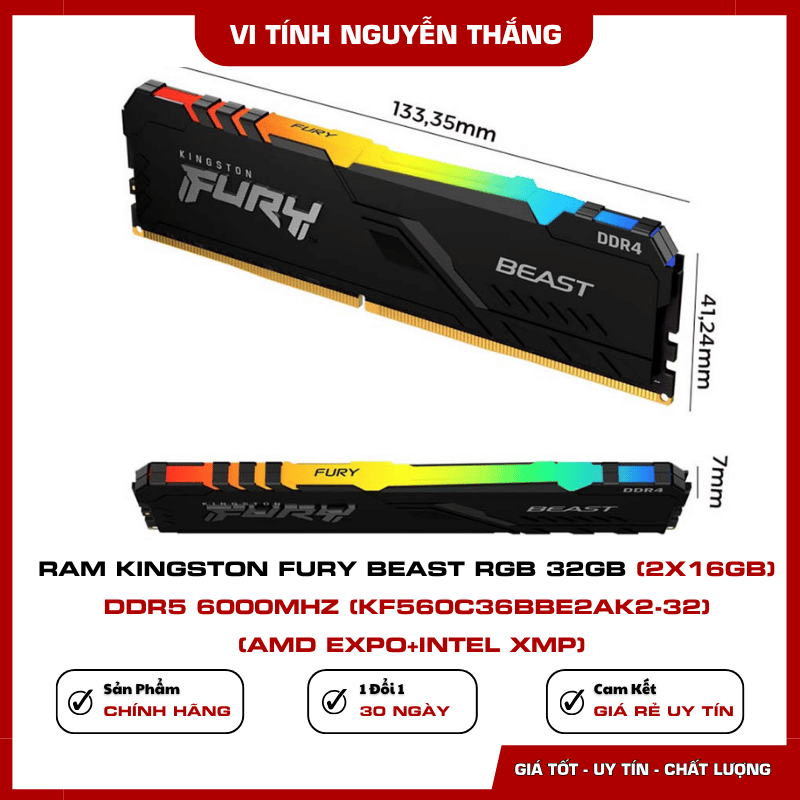 RAM Kingston FURY Beast RGB màu đen có tản nhiệt