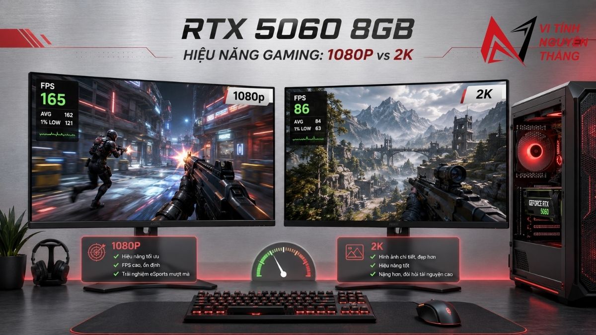 Kỹ thuật viên test hiệu năng card RTX 5060 8GB trên dàn máy demo tại cửa hàng