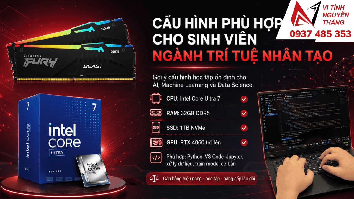 Laptop cho sinh viên học ngành trí tuệ nhân tạo với cấu hình CPU đa nhân và RAM 16GB