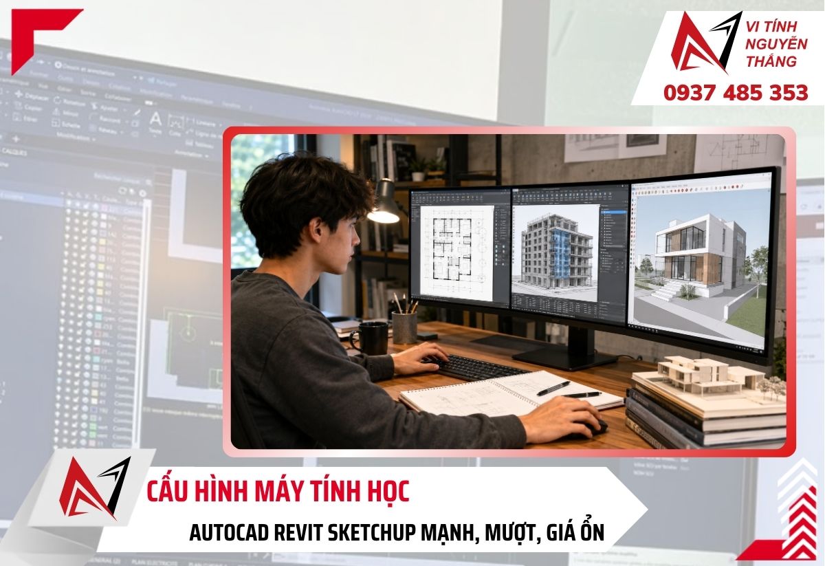 Máy tính học AutoCAD Revit SketchUp đặt trên bàn làm việc kèm màn hình bản vẽ kỹ thuật