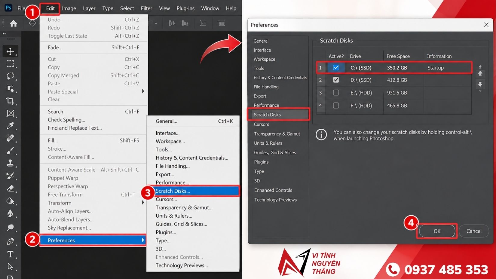 Mở mục Scratch Disks trong Preferences của Photoshop