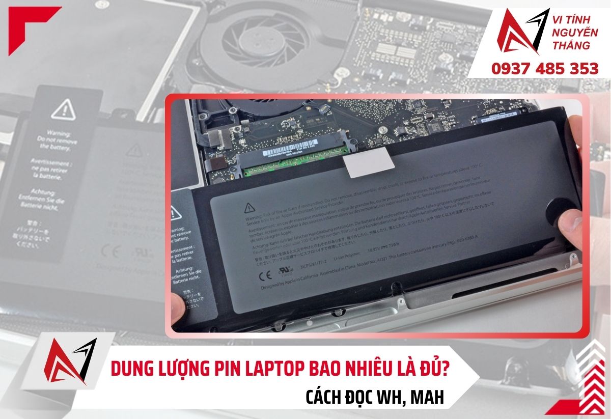 Thông số dung lượng pin laptop ghi trên nhãn máy và trong phần mềm