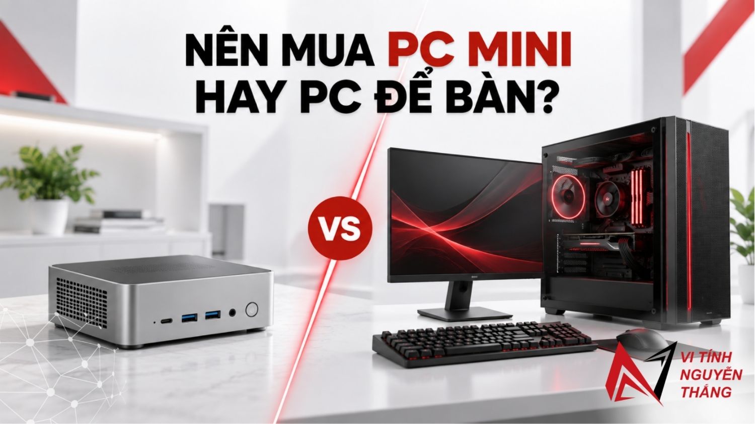 So sánh kích thước mini PC và PC để bàn trên cùng một bàn làm việc
