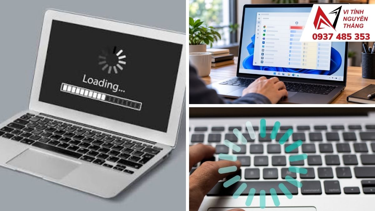 Sinh viên dùng laptop bị chậm, màn hình hiển thị biểu tượng đang tải