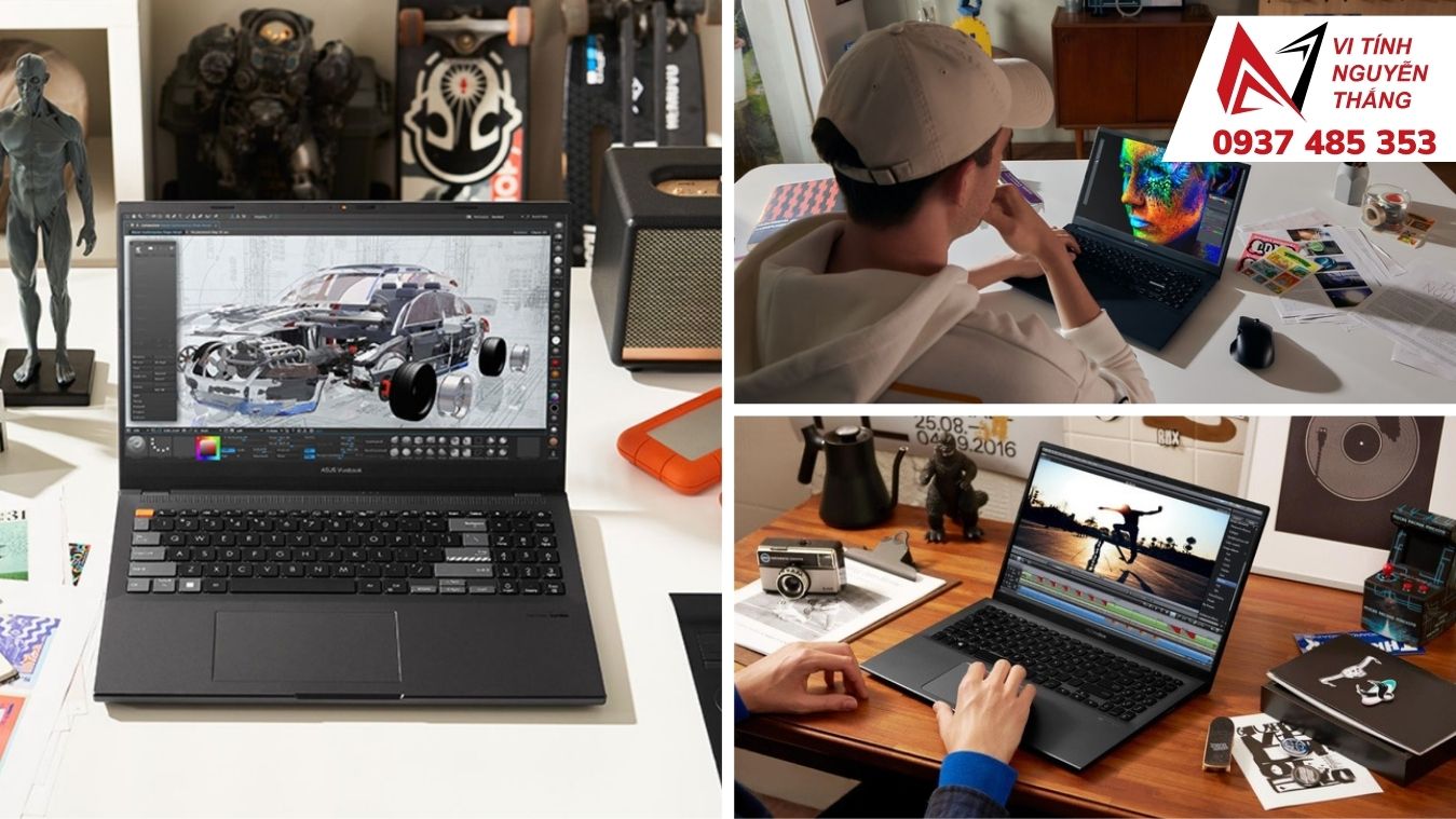Kỹ thuật viên kiểm tra màn hình laptop đồ họa bằng nền màu đơn sắc