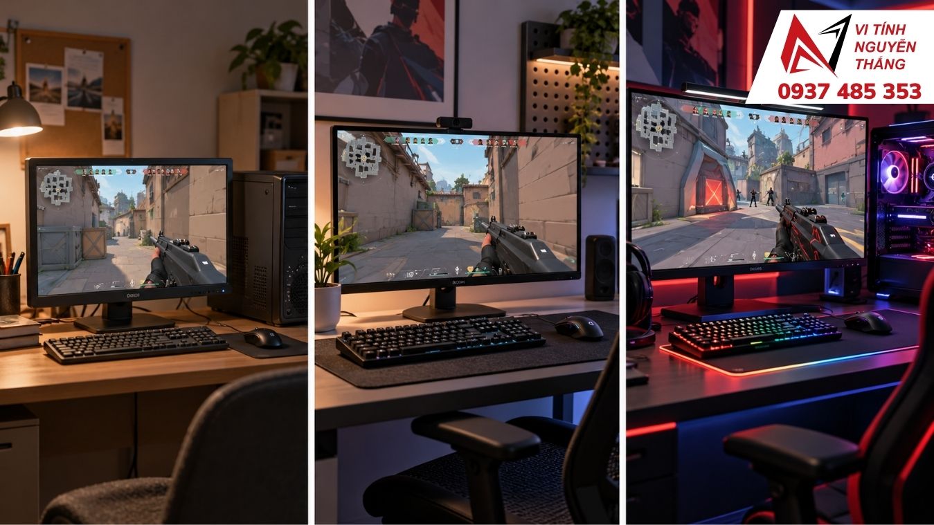 Bộ PC Ryzen 5 7500F và RTX 5060 đang test game tại Vi Tính Nguyễn Thắng