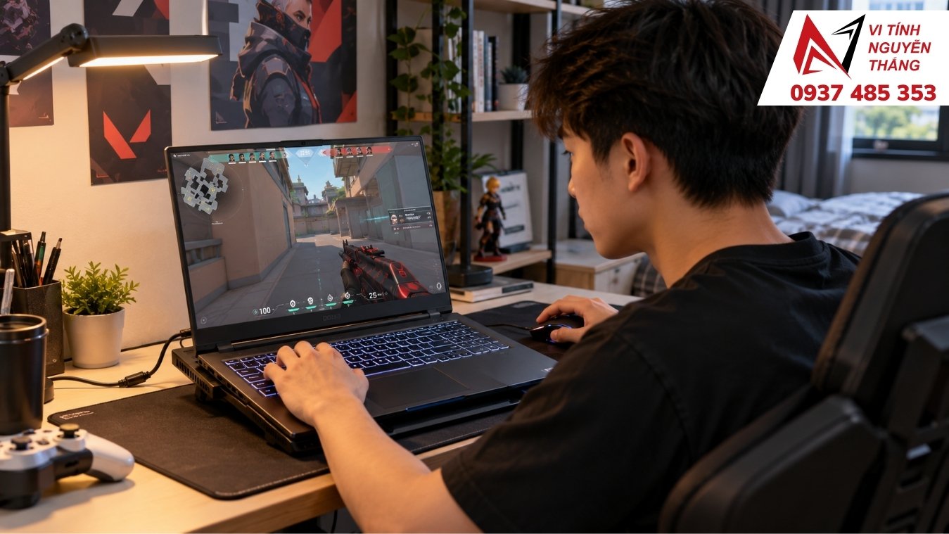 Kỹ thuật viên Vi Tính Nguyễn Thắng chạy thử game trên laptop gaming trước khi giao máy