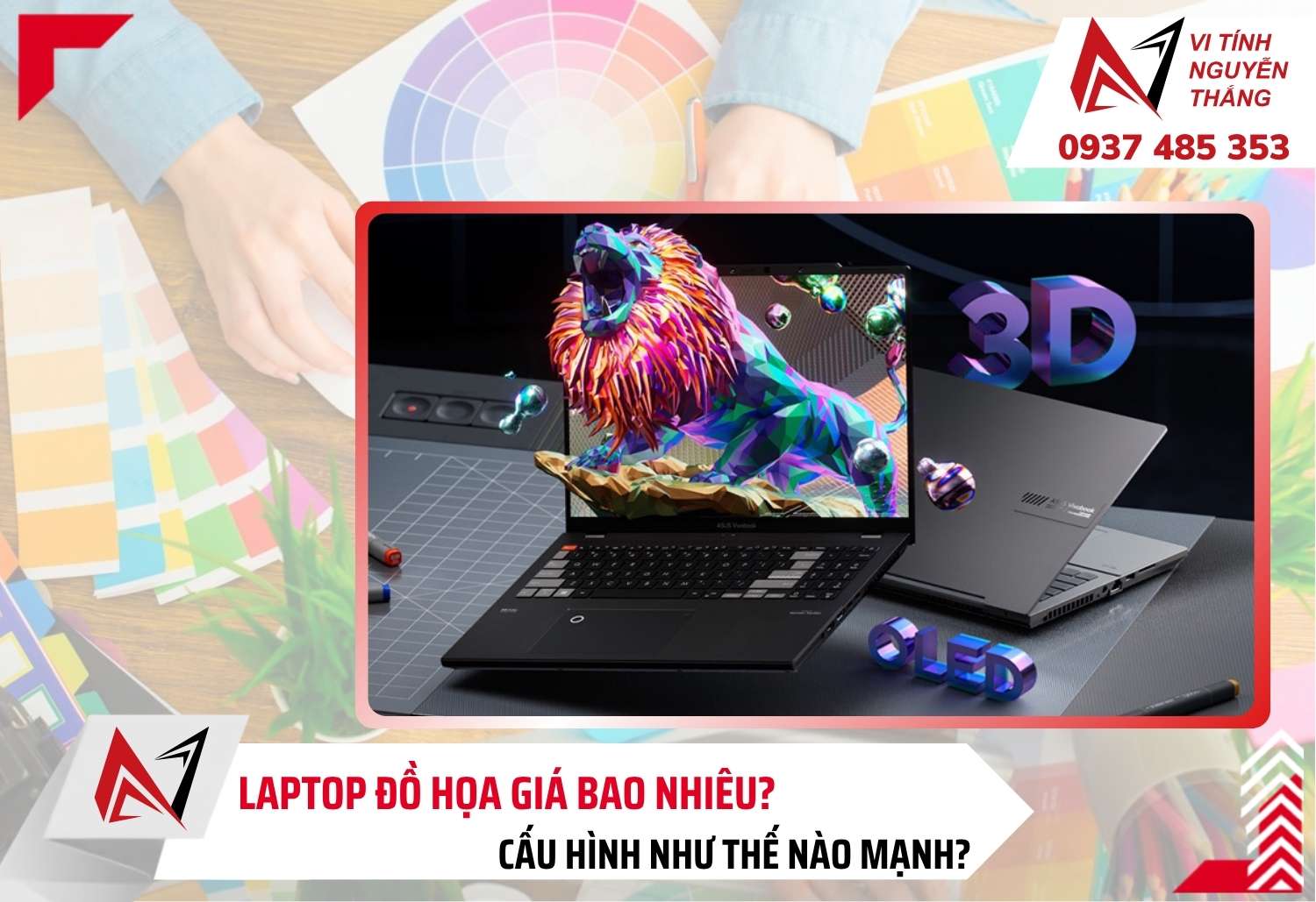 Laptop đồ họa đặt cạnh PC đồ họa và màn hình rời