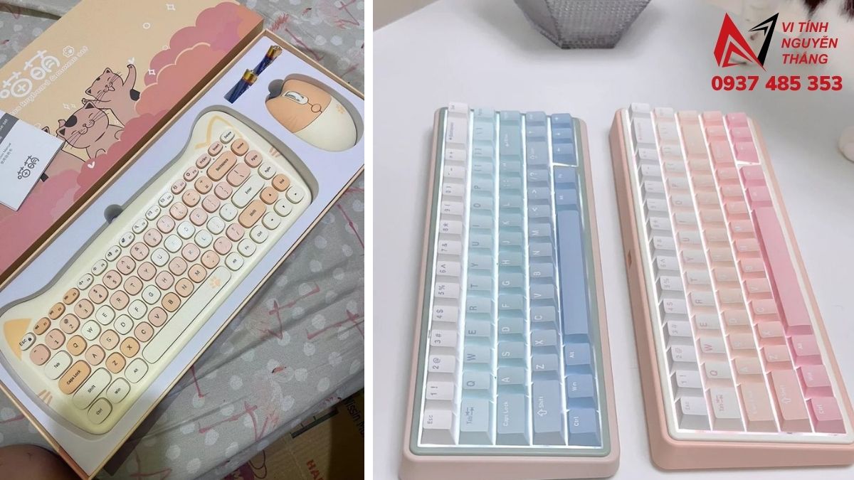 Góc học tập có bàn phím cơ pastel layout 75%, chuột và laptop