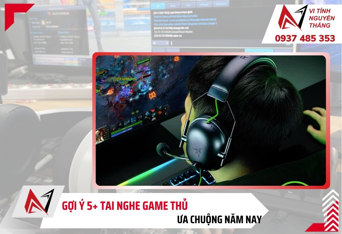 Game thủ đeo tai nghe chụp tai chơi game trên PC tại Vi Tính Nguyễn Thắng