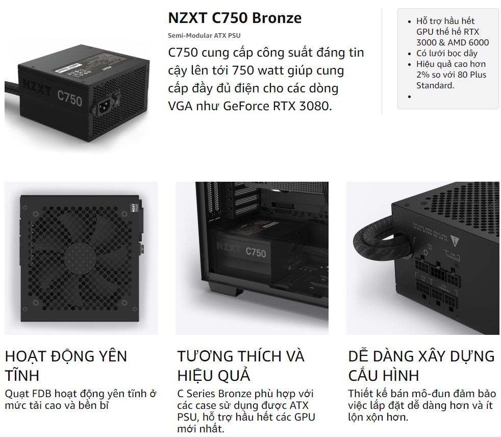 Nguồn máy tính NZXT C750 - 750W Bronze (80 Plus Bronze /Màu Đen) 